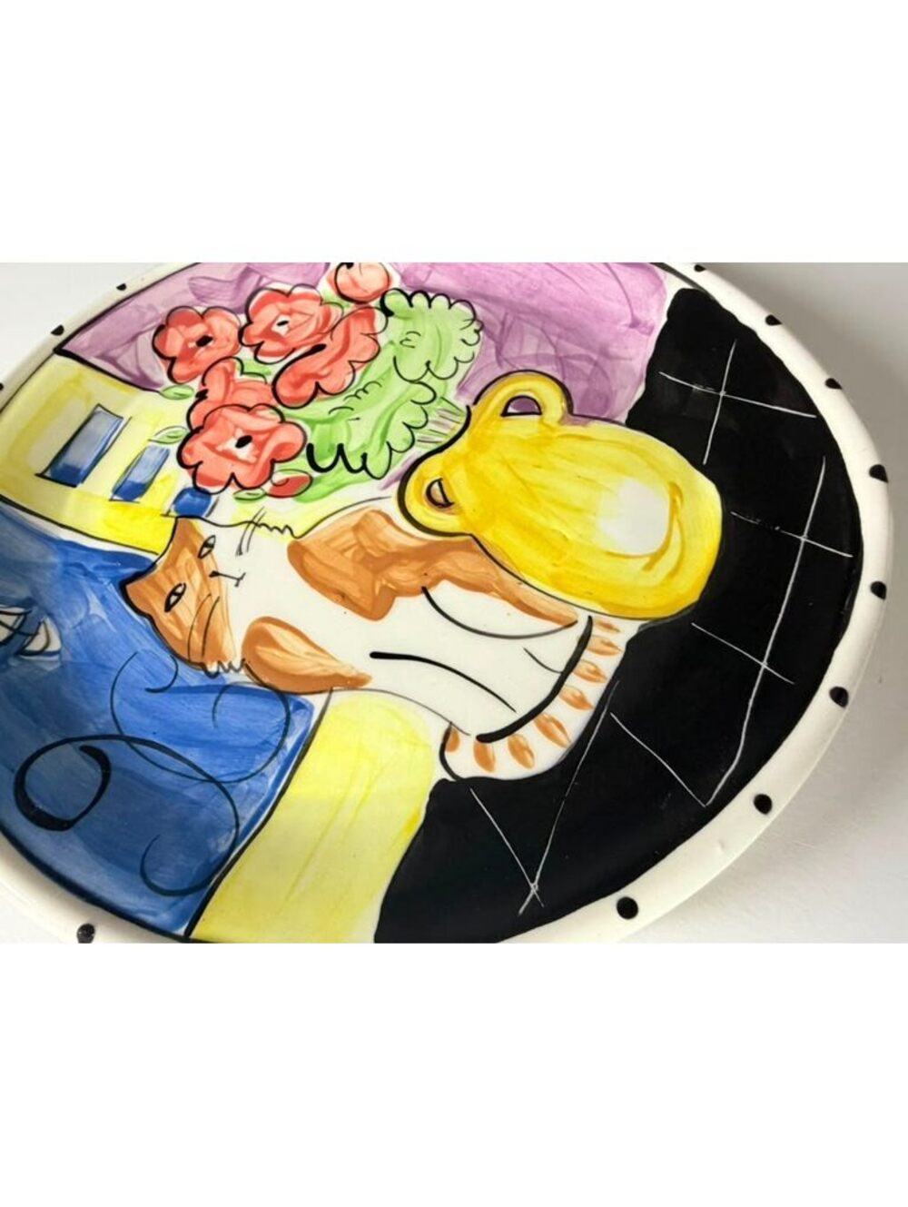 Hand-Painted Ceramic Wall Plate with Cat and Flower Design, 12-Inch Decorative - Picture 8 of 9